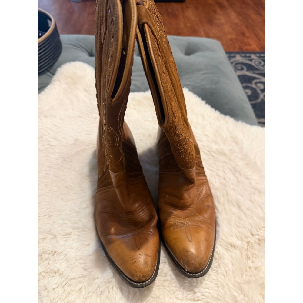 Unbranded Western Cowboy Boots Mens Tan Brown Leather Suede Good Whipstitch